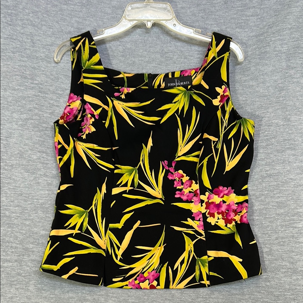 JOHN ROBERTS Tropical Vacation Beach Pool Cruise Summer Floral Comfy Stretch Top
